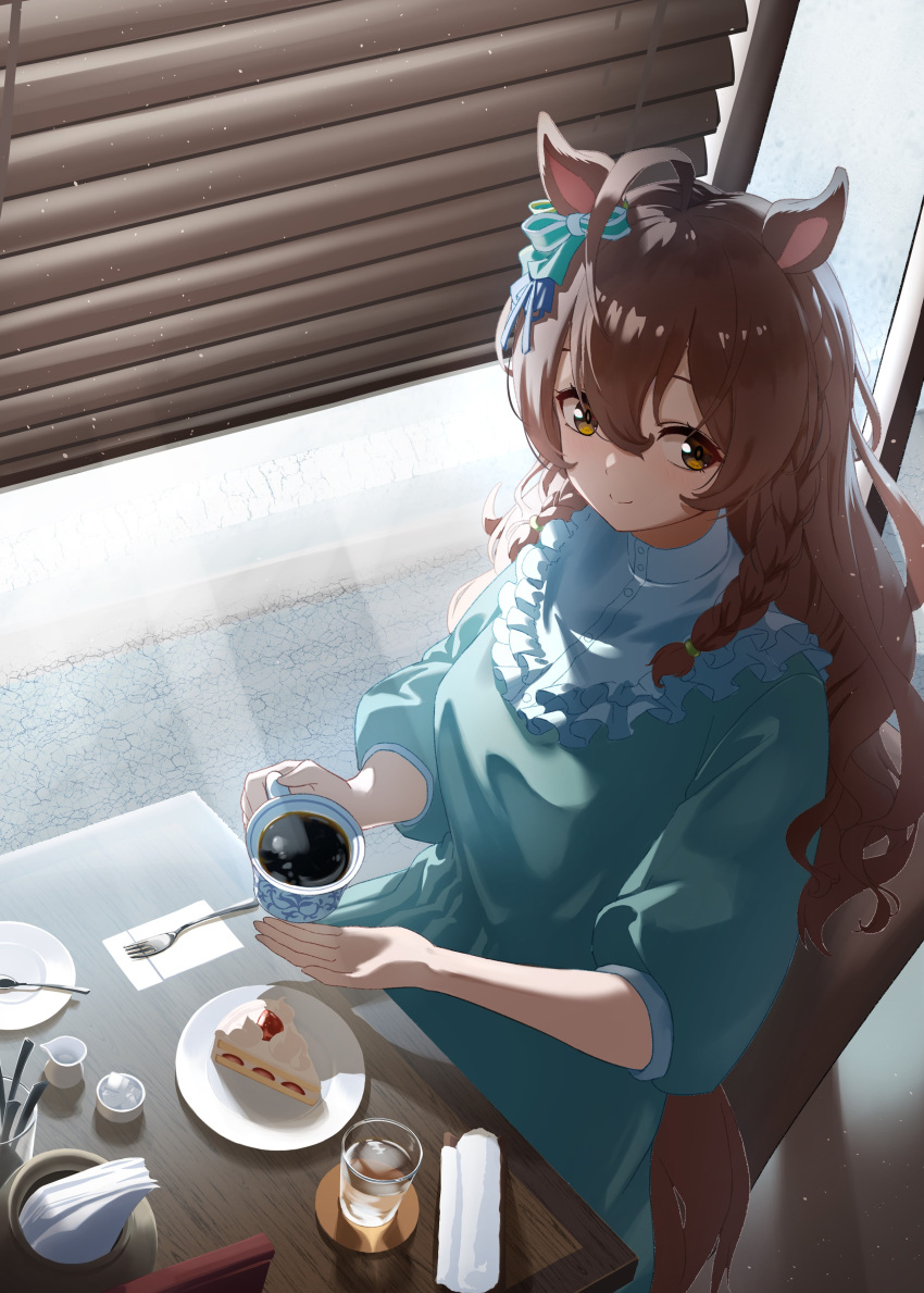 1girl absurdres ahoge animal_ears bow braid brown_eyes brown_hair cake coffee commentary_request cup dress food fork from_above green_bow green_dress hair_between_eyes highres holding holding_cup horse_ears horse_girl horse_tail kamikumo_(km_kamikumo) long_hair looking_to_the_side mejiro_bright_(umamusume) plate revision saucer sitting solo spoon striped striped_bow tail teacup towel twin_braids umamusume wavy_hair white_bow