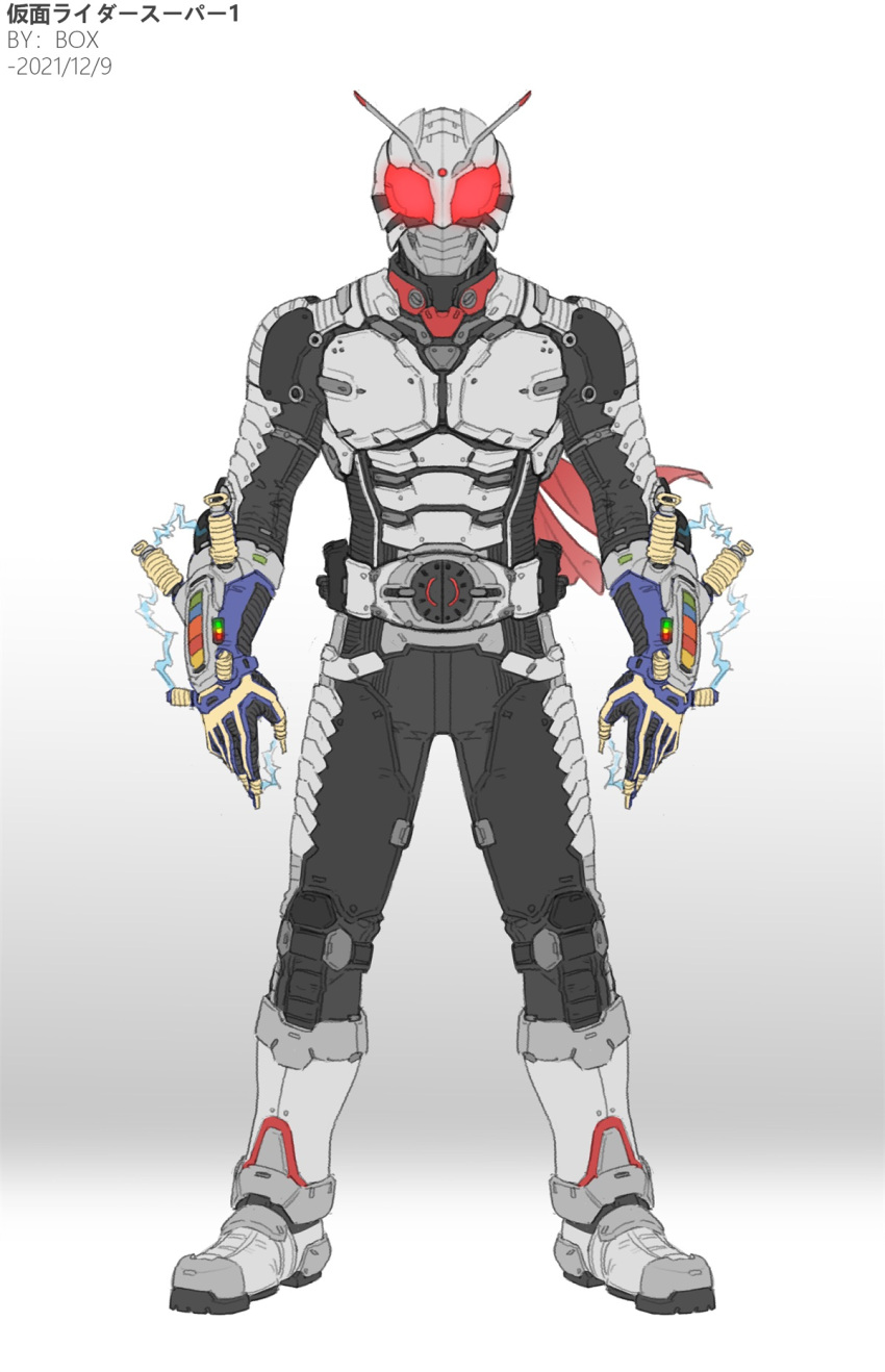 1boy antennae armored_boots black_bodysuit bodysuit boots chinese_commentary commentary_request driver_(kamen_rider) electricity full_body gauntlets glowing glowing_eyes grey_armor grey_footwear highres kamen_rider kamen_rider_super-1 kamen_rider_super-1_(series) mask red_eyes simple_background solo white_armor white_background wrist_chain xiangzi_box