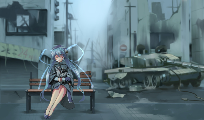 1girl :d ^_^ bare_tree bench black_coat black_footwear blue_hair blue_ribbon blurry blurry_background blush bouquet cityscape closed_eyes coat commentary hair_between_eyes hair_ribbon highres holding holding_bouquet hoshino_yumemi legs_together long_hair long_ribbon longmei_er_de_tuzi low_twintails military_vehicle motor_vehicle open_mouth own_hands_together planetarian post-apocalypse retro_artstyle ribbon robot_ears scenery sitting sitting_on_bench smile solo tank tree twintails very_long_hair wide_shot