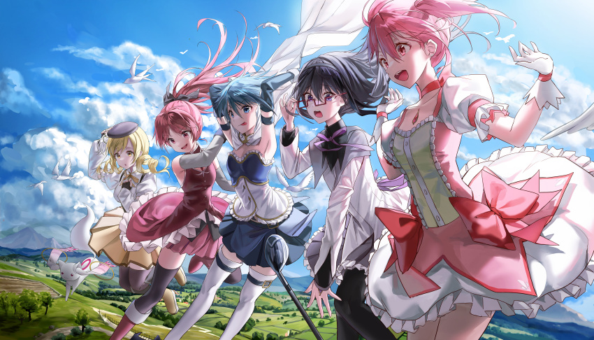 5girls absurdres akemi_homura arm_up arms_up bird black_hair black_pantyhose black_ribbon black_thighhighs blonde_hair blue_eyes blue_hair blue_skirt blue_sky boots capelet clouds detached_sleeves dress drill_hair elbow_gloves field fingerless_gloves flying frilled_dress frilled_skirt frills from_side glasses gloves hair_between_eyes hair_ribbon hairband hand_on_own_chest hat high_ponytail highres kaname_madoka kyubey landscape long_hair looking_ahead looking_down magical_girl mahou_shoujo_madoka_magica mahou_shoujo_madoka_magica_(anime) medium_hair midair miki_sayaka multiple_girls nagul open_mouth pantyhose pink_eyes pink_hair pink_ribbon pleated_skirt puffy_short_sleeves puffy_sleeves purple_ribbon purple_skirt red_eyes red_footwear redhead ribbon sakura_kyoko shirt short_hair short_sleeves skirt sky sleeveless sleeveless_shirt smile soul_gem thigh-highs tomoe_mami tongue tongue_out twin_drills twintails violet_eyes white_capelet white_gloves white_thighhighs wide-eyed yellow_eyes yellow_skirt