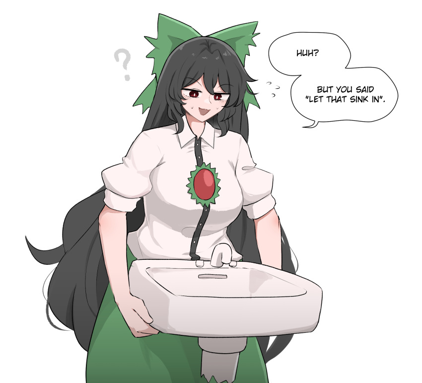 1girl ? black_hair bow breasts buttons collared_shirt comedy commentary cowboy_shot elon_musk english_commentary english_text faucet flying_sweatdrops green_bow green_skirt hair_bow highres holding_sink large_breasts long_hair mata_(matasoup) meme open_mouth puffy_short_sleeves puffy_sleeves pun red_eyes reiuji_utsuho shirt short_sleeves sink skirt small_head solo speech_bubble sweatdrop third_eye_on_chest too_literal touhou very_long_hair white_shirt