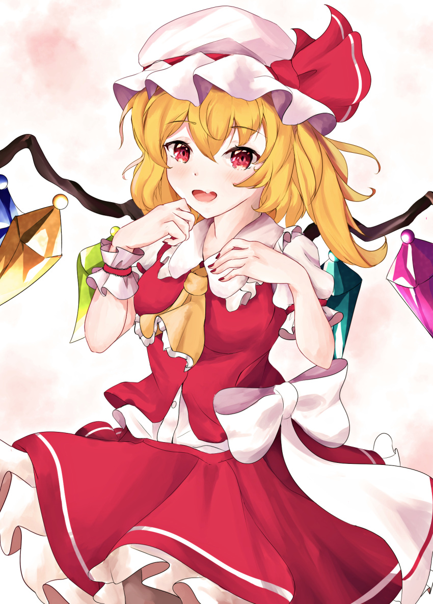 1girl ascot blonde_hair bow breasts collared_shirt cowboy_shot crystal dress_shirt fang flandre_scarlet frilled_ascot frilled_shirt_collar frilled_skirt frills hair_between_eyes hat hat_bow hat_ribbon highres large_bow looking_at_viewer medium_hair mob_cap multicolored_wings one_side_up open_mouth orchid_(orukido) pink_background red_bow red_eyes red_ribbon red_skirt red_vest ribbon shirt simple_background skin_fang skirt skirt_set small_breasts solo touhou vest white_background white_bow white_headwear white_shirt wings yellow_ascot