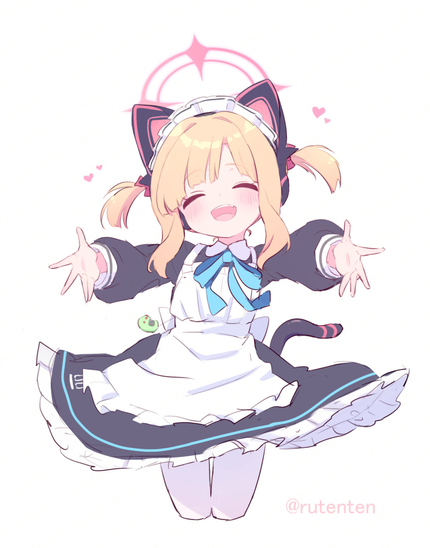 1girl :d ^_^ animal_ear_headphones animal_ears apron blonde_hair blue_archive blue_ribbon blush cat_ear_headphones closed_eyes fake_animal_ears fake_tail halo headphones highres long_sleeves maid maid_apron maid_headdress momoi_(blue_archive) momoi_(maid)_(blue_archive) neck_ribbon official_alternate_costume open_mouth pink_halo ribbon ruten_(onakasukusuku) short_hair simple_background smile solo tail twitter_username two_side_up white_apron white_background