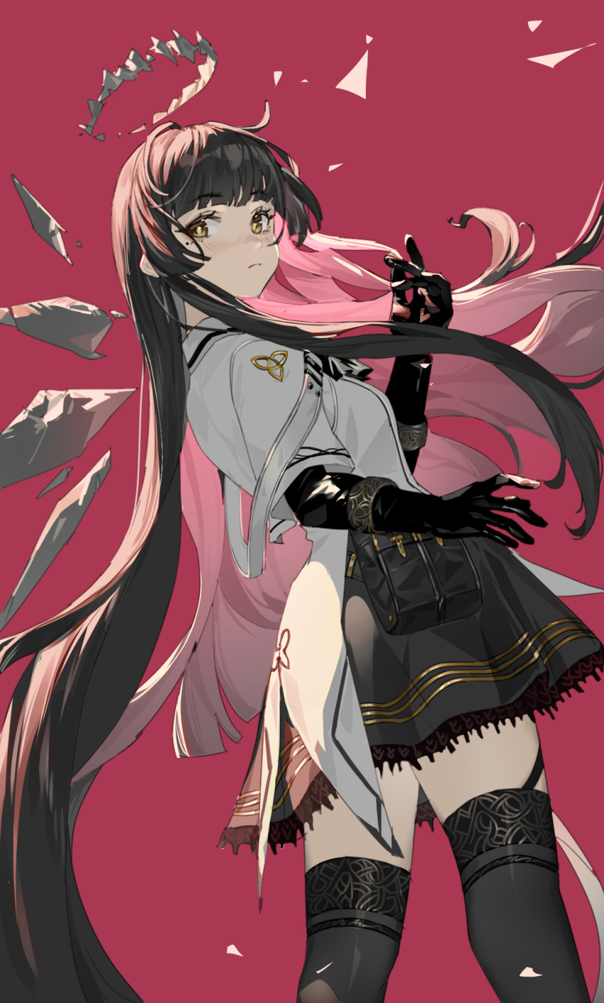 1girl absurdly_long_hair ahoge arched_back arknights artist_name ascot belt belt_buckle belt_pouch black_ascot black_belt black_garter_straps black_gloves black_hair black_pouch black_skirt black_sleeves black_thighhighs blunt_bangs breasts broken_halo brown_eyes brown_hair buckle chinese_commentary chinese_text closed_mouth collared_jacket colored_inner_hair commentary_request cowboy_shot dark_halo detached_wings dutch_angle energy_wings eyelashes feet_out_of_frame from_side garter_straps gloves grey_halo grey_wings halo hands_up highres hime_cut jacket layered_sleeves light_blush light_frown long_hair long_sleeves looking_at_viewer looking_to_the_side medium_breasts miniskirt mole mole_under_eye multicolored_hair outstretched_hand pale_skin pink_background pink_hair pleated_skirt pouch revision short_over_long_sleeves short_sleeved_jacket short_sleeves sidelocks simple_background skirt solo standing thigh-highs thighs very_long_hair virtuosa_(arknights) white_belt white_jacket wide_sleeves wings wudongyouyi yellow_pupils zettai_ryouiki