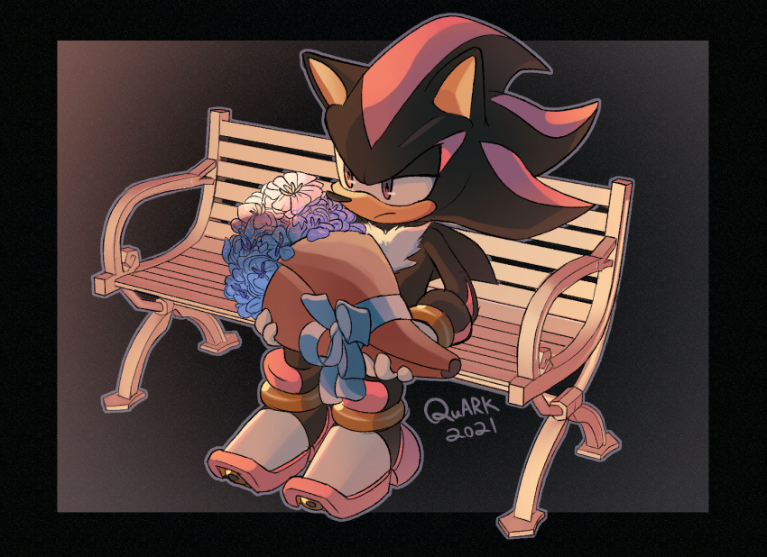1boy 2021 bench black_border border bouquet full_body furry furry_male gloves gradient_background grey_outline holding holding_bouquet male_focus quark196 shadow_the_hedgehog signature sitting solo sonic_(series) white_fur white_gloves