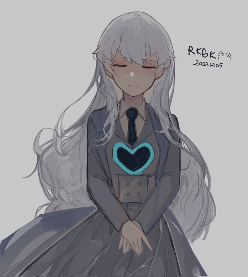 1girl adapted_costume black_necktie blue_star closed_eyes closed_mouth coat collared_shirt cowboy_shot e.g.o_(project_moon) employee_(lobotomy_corporation) grey_coat grey_skirt grey_vest heart highres lk0_71604 lobotomy_corporation long_hair long_sleeves necktie project_moon shirt simple_background skirt solo vest white_background white_hair white_shirt