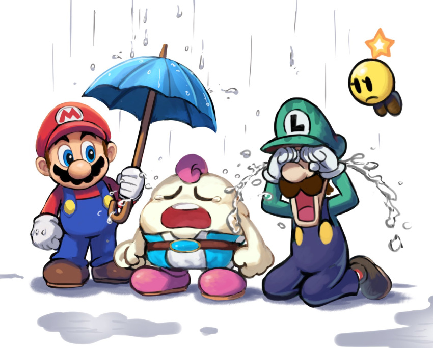 1other 3boys belt blue_eyes blue_overalls blue_pants boots brown_belt brown_footwear brown_hair closed_eyes crying facial_hair full_body gloves green_headwear green_shirt hat highres holding holding_umbrella kneeling looking_at_another luigi mallow_(mario) mario mario_&amp;_luigi_rpg multiple_boys mustache open_mouth overalls pants pink_footwear pink_hair puddle rain red_headwear red_shirt shirt short_hair simple_background starlow streaming_tears striped striped_pants super_mario_bros. super_mario_rpg tears teeth two-tone_pants umbrella upper_teeth_only white_background white_pants ya_mari_6363