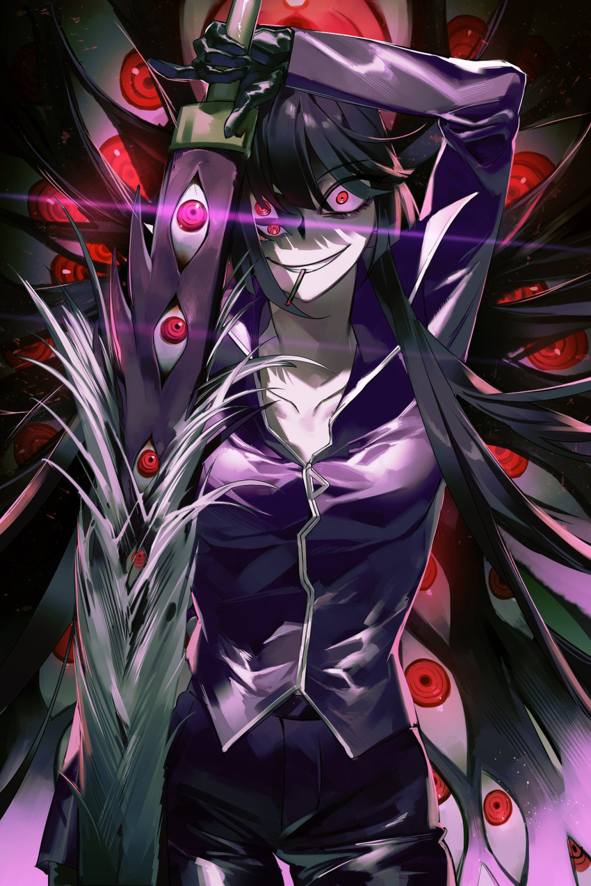 arm_up black_gloves black_hair crazy_eyes crazy_smile extra_eyes gloves grin highres jacket limbus_company long_hair looking_at_viewer pants project_moon purple_jacket purple_pants red_eyes ryoshu_(limbus_company) sheath silk smile spider_bud spider_web unsheathing very_long_hair white-trick