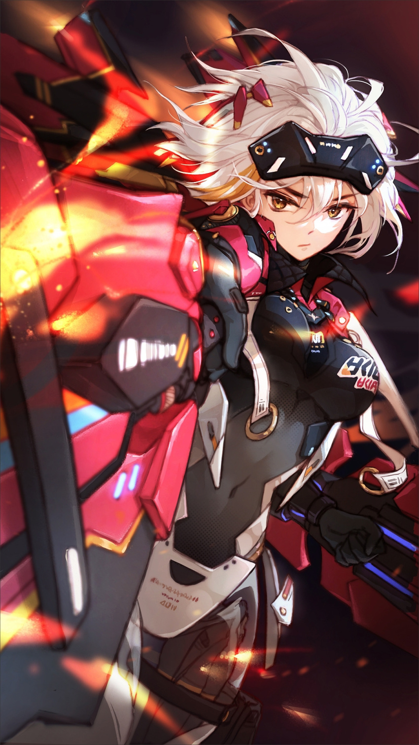 1girl aiming aiming_at_viewer black_bodysuit bodysuit breasts chinese_commentary clenched_hand collared_bodysuit commentary covered_navel cowboy_shot cyborg fire goggles goggles_on_head gun hair_between_eyes hair_ornament headgear highres holding holding_gun holding_shield holding_weapon logo looking_at_viewer mechanical_legs mechanical_wings medium_breasts messy_hair multicolored_hair official_alternate_costume punishing:_gray_raven qiu_chengrun racing_suit rosetta:_rigor_(niki_us1000)_(punishing:_gray_raven) rosetta_(punishing:_gray_raven) see-through_bodysuit shield short_hair solo sparks streaked_hair thrusters translucent_skin weapon white_hair wings yellow_eyes