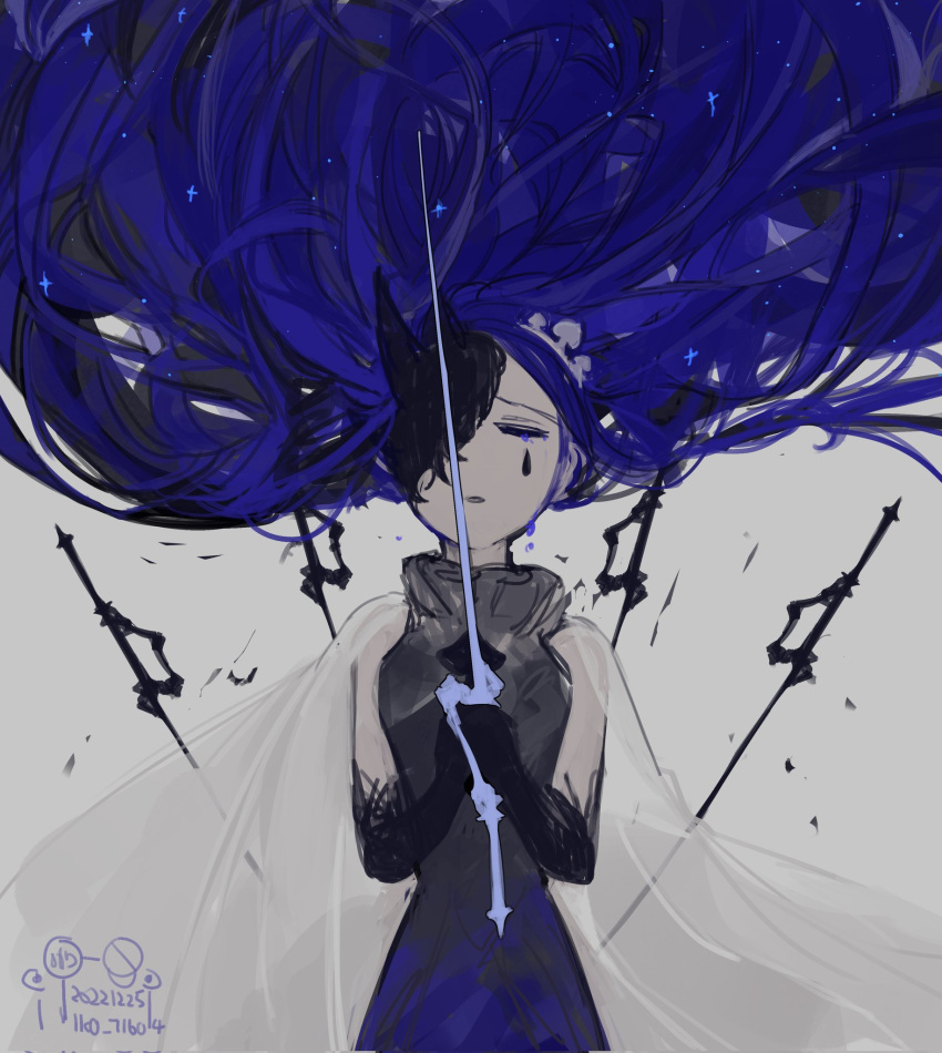 1girl black_gloves blue_hair cape crown crying dress floating_hair gloves grey_dress highres knight_of_despair lk0_71604 lobotomy_corporation long_hair mask_over_one_eye parted_lips project_moon simple_background sleeveless sleeveless_dress solo very_long_hair white_background white_cape white_headwear