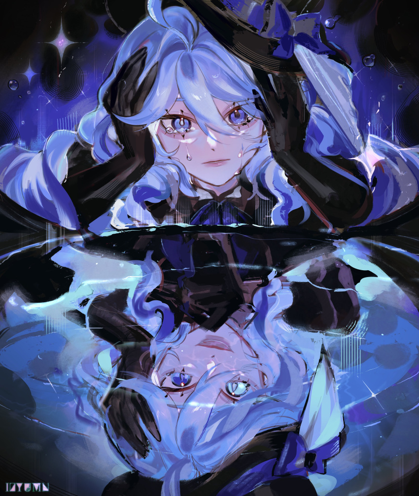1girl absurdres ahoge ascot black_gloves blue_bow blue_eyes blue_hair blue_headwear bow crying crying_with_eyes_open furina_(genshin_impact) genshin_impact gloves hair_between_eyes hand_on_own_head hat heterochromia highres izyumn laughing light_blue_hair looking_at_viewer multiple_views open_mouth parted_lips reflection reflective_water sidelocks smile teardrop tears teeth upper_body upper_teeth_only