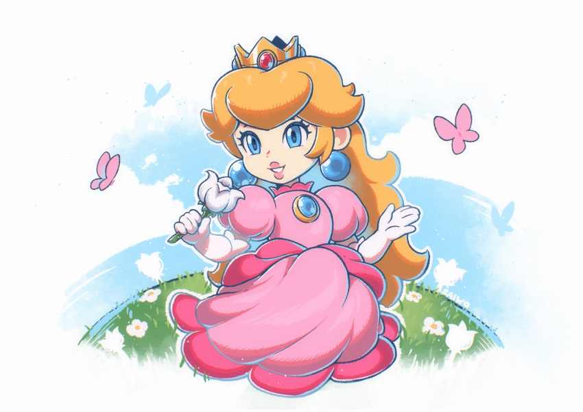 1girl blonde_hair blue_eyes blue_sky brooch bug butterfly chibi clouds crown dress earrings elbow_gloves flower gloves grass highres holding holding_flower jewelry long_hair pink_butterfly pink_dress pink_lips princess_peach puffy_short_sleeves puffy_sleeves saiwo_(saiwoproject) short_sleeves sitting sky solo sphere_earrings super_mario_bros. super_mario_rpg white_flower white_gloves