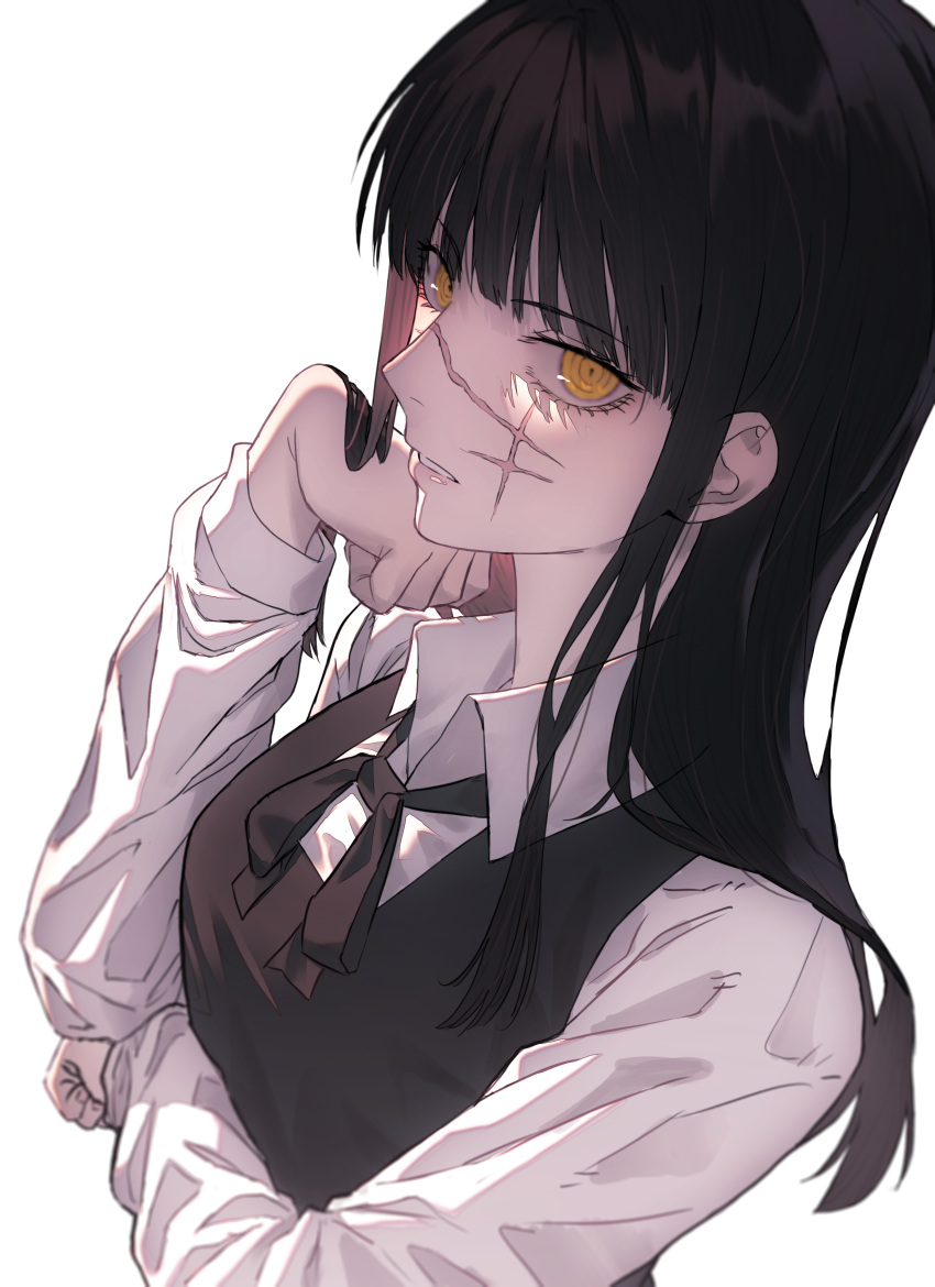 1girl absurdres black_dress black_hair black_ribbon blurry chainsaw_man clenched_hands collared_shirt depth_of_field dress fourth_east_high_school_uniform hand_on_own_face highres long_hair long_sleeves looking_at_viewer mitaka_asa neck_ribbon parted_lips pinafore_dress ribbon ringed_eyes scar scar_on_cheek scar_on_face school_uniform shirt sidelocks simple_background sleeveless sleeveless_dress solo standing tyrezal upper_body war_devil_(chainsaw_man) white_background white_shirt yellow_eyes