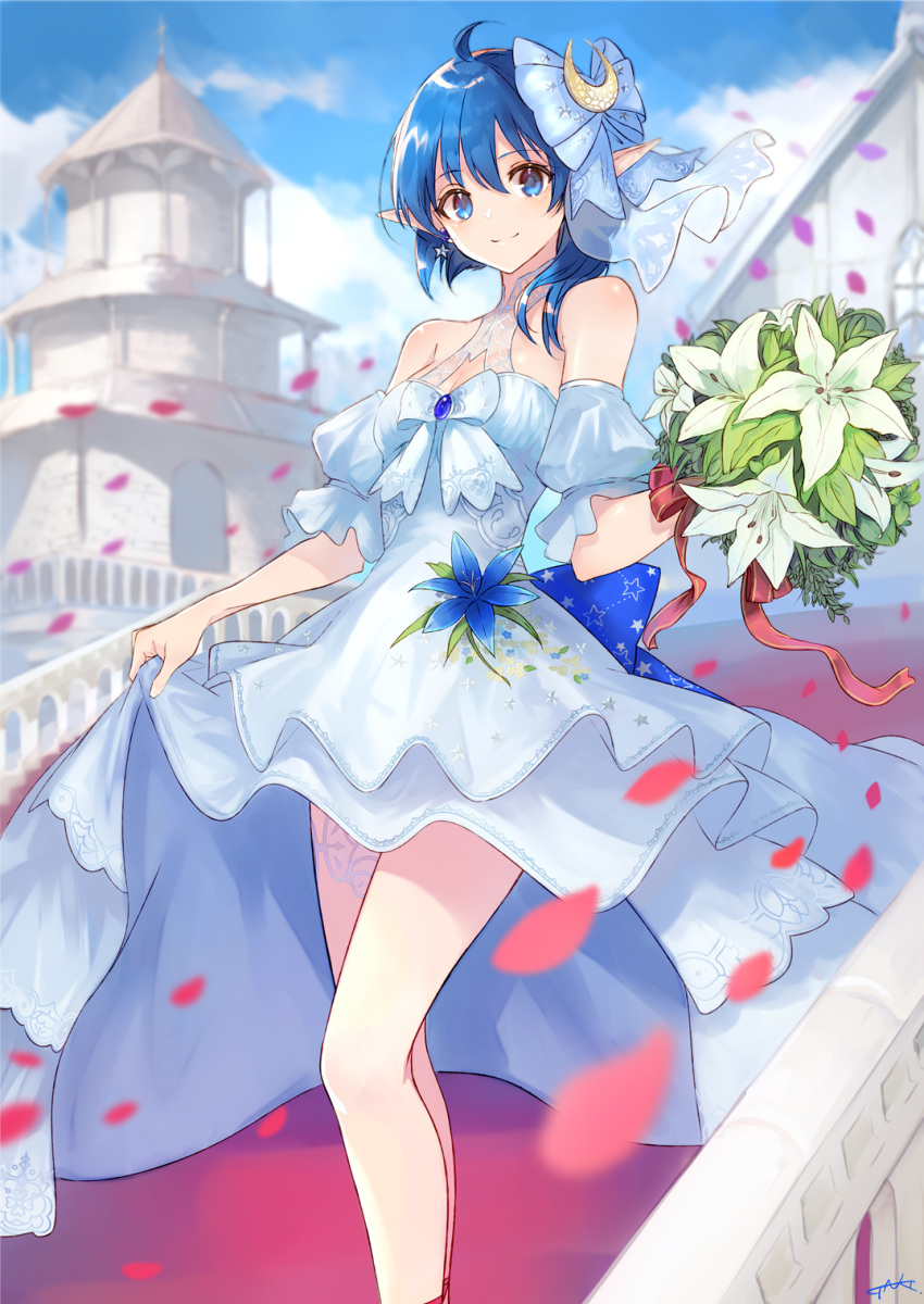 1girl ahoge asymmetrical_hair bare_shoulders blue_eyes blue_hair blush bouquet bow bride brown_eyes brown_hair closed_mouth crescent crescent_hair_ornament detached_sleeves dress earrings flower frills hair_between_eyes hair_ornament highres holding holding_bouquet jazztaki jewelry legs lily_(flower) looking_at_viewer medium_hair pointy_ears puffy_short_sleeves puffy_sleeves rena_lanford short_sleeves smile solo star_(symbol) star_earrings star_ocean star_ocean_anamnesis star_ocean_the_second_story wedding_dress white_dress white_flower