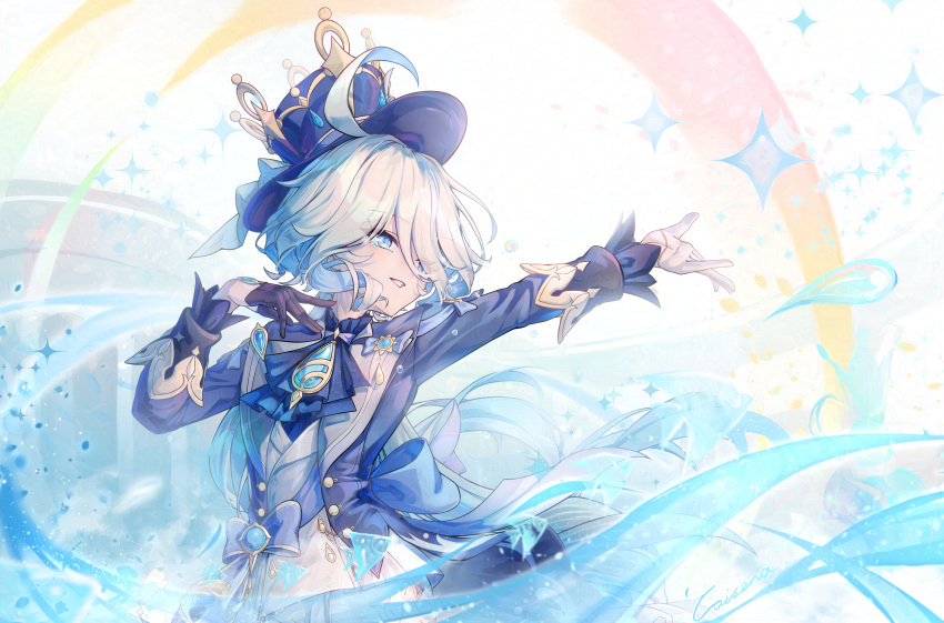 1girl absurdres ahoge air_bubble ascot black_gloves blue_ascot blue_bow blue_brooch blue_hair blue_headwear blue_jacket bow bubble caisena furina_(genshin_impact) genshin_impact gloves hair_between_eyes hat highres jacket light_blue_hair looking_to_the_side multicolored_hair outstretched_arm sidelocks smile solo streaked_hair tears top_hat two-tone_hair water white_gloves