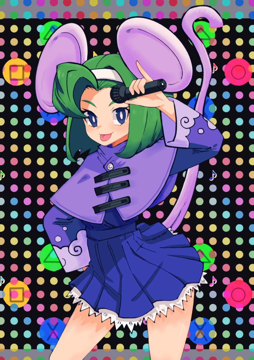 1girl animal_ears batchgooya brave_fencer_musashiden capelet dress green_hair hairband highres looking_at_viewer mouse_ears mouse_girl mouse_tail polka_dot polka_dot_background purple_capelet short_hair skirt smile solo tail topo_(musashiden)