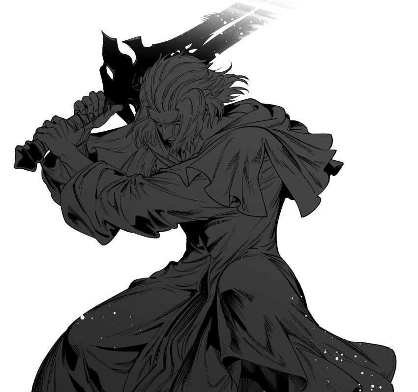 1boy 5altybitter5 capelet emet-selch feet_out_of_frame fighting_stance final_fantasy final_fantasy_xiv furrowed_brow greatsword greyscale high_contrast highres holding holding_sword holding_weapon legs_apart long_sleeves looking_at_viewer male_focus monochrome robe serious short_hair simple_background solo spot_color standing sword two-handed two-handed_sword weapon white_background yellow_eyes
