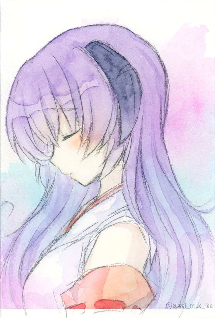 1girl black_horns closed_eyes closed_mouth commentary detached_sleeves facing_to_the_side from_side gradient_background hanyuu highres higurashi_no_naku_koro_ni horns japanese_clothes kimono painting_(medium) profile purple_hair red_sleeves ribbon-trimmed_sleeves ribbon_trim solo straight_hair sweet_miuk_tea traditional_media twitter_username watercolor_(medium) white_kimono