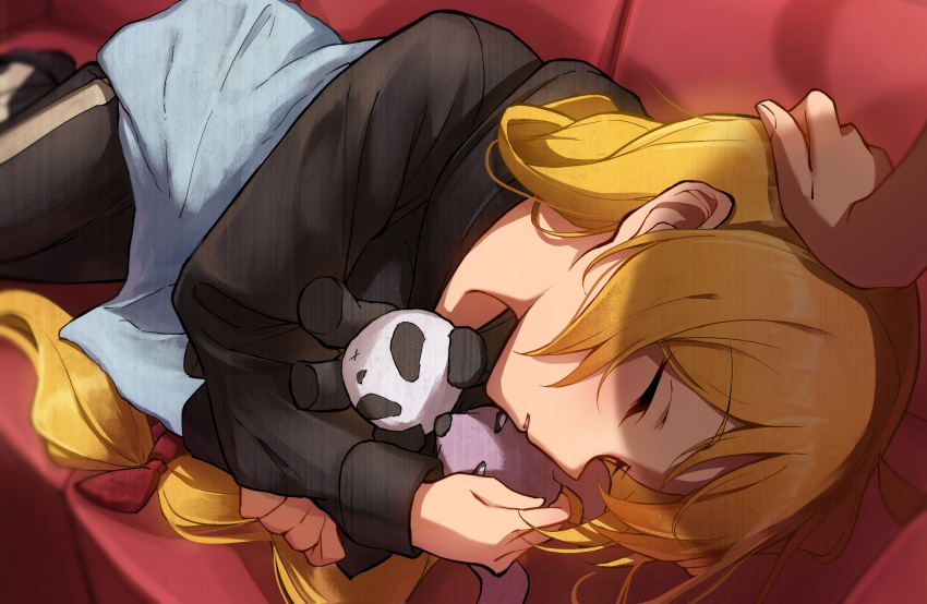 1girl 1other :x absurdres black_pants black_shirt blonde_hair blush bocchi_the_rock! bow closed_eyes commentary_request couch dutch_angle foreshortening hair_between_eyes hair_bow headpat highres holding holding_stuffed_toy hugging_object ijichi_seika kootee-on long_hair long_sleeves low-tied_long_hair lying nose on_couch on_side pants parted_lips profile red_bow shirt sleeping solo_focus stuffed_animal stuffed_panda stuffed_toy very_long_hair