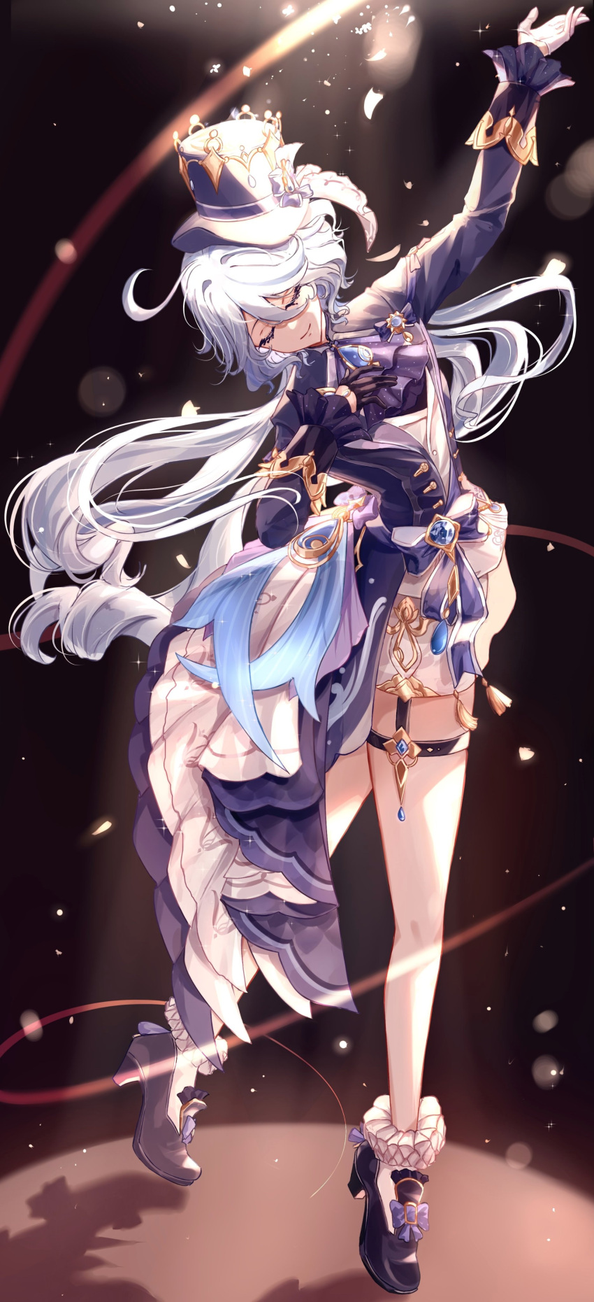 1girl absurdres abyss_of_alyss ahoge ascot bare_legs blue_ascot blue_headwear blue_jacket brooch closed_eyes commentary furina_(genshin_impact) genshin_impact hat high_heels highres jacket jewelry long_hair long_sleeves revision socks solo thigh_strap top_hat very_long_hair white_hair white_socks