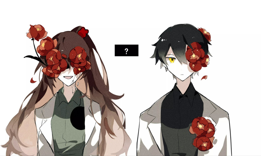1boy 1girl aislan ayin_(project_moon) black_shirt brown_hair carmen_(project_moon) closed_mouth coat collared_shirt facing_viewer flower flower_over_eye flower_over_eyes green_shirt half_updo highres hole_in_chest hole_on_body lab_coat lobotomy_corporation long_hair long_sleeves looking_at_viewer messy_hair project_moon red_flower shirt upper_body very_long_hair white_coat wing_collar
