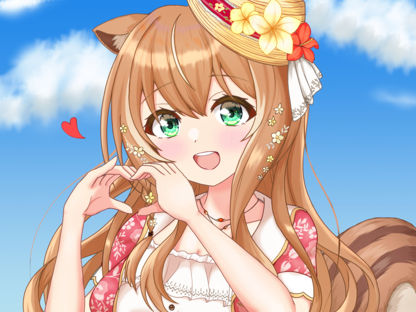 1girl alternate_costume alternate_hairstyle animal_ears ayunda_risu ayunda_risu_(2nd_costume) blush brown_hair clouds commentary_request flower green_eyes hair_flower hair_ornament hat heart heart_hands highres hololive hololive_indonesia jewelry long_hair looking_at_viewer necklace official_alternate_costume open_mouth portrait sky smile solo squirrel_ears squirrel_girl squirrel_tail tail teeth tenori_fukurou upper_teeth_only virtual_youtuber