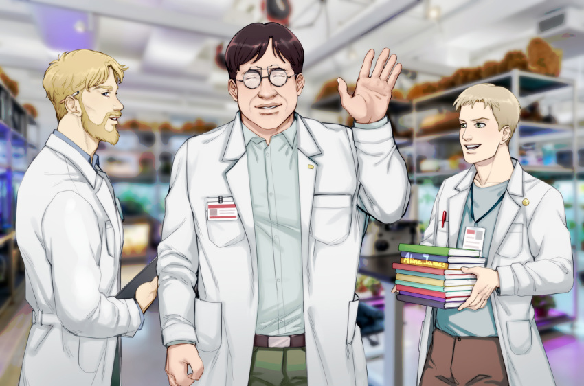 3boys beard book book_stack brown_hair cigarette colt_grice cowboy_shot facial_hair glasses highres lab_coat looking_at_another looking_at_viewer merchandise multiple_boys object_behind_ear panicawa profile round_eyewear shingeki_no_kyojin short_hair sideways_glance smile tom_ksaver waving wrinkled_skin zeke_yeager