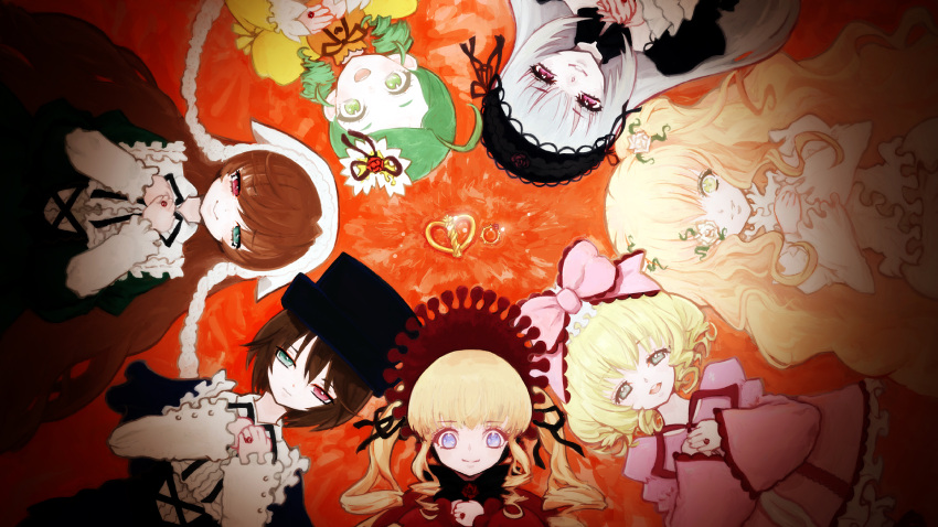 6+girls ahoge black_hairband blonde_hair blue_eyes bonnet brown_hair commentary_request dress flower flower_over_eye fujinozu green_dress green_eyes green_hair grey_eyes grey_hair hair_flower hair_ornament hairband hands_on_own_chest hat heterochromia highres hinaichigo jewelry kanaria kirakishou lolita_fashion long_hair looking_at_viewer lying multiple_girls on_back open_mouth own_hands_together parted_lips pink_dress pink_eyes plant porkpie_hat red_dress red_eyes ring rozen_maiden shinku short_hair smile souseiseki suigintou suiseiseki twintails upper_body vines white_dress winding_key yellow_eyes