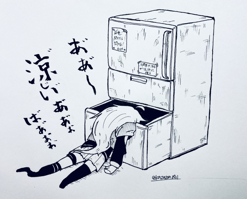 1girl absurdres ahoge asymmetrical_legwear commentary_request datsan highres ia_(vocaloid) long_hair marker_(medium) monochrome no_shoes pleated_skirt refrigerator skirt solo thigh-highs traditional_media translation_request twitter_username uneven_legwear vocaloid