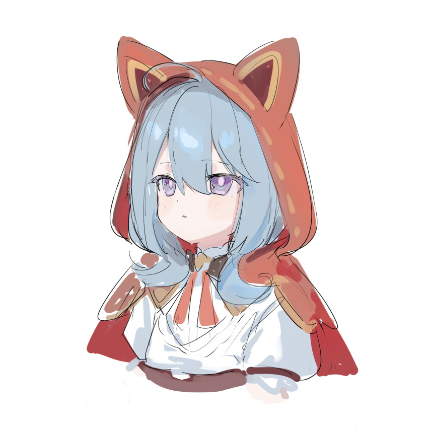 1girl absurdres ahoge animal_ears animal_hood blush capelet cropped_torso fake_animal_ears grey_hair griseo hair_between_eyes highres honkai_(series) honkai_impact_3rd hood hood_up hooded_capelet parted_lips puffy_short_sleeves puffy_sleeves red_capelet roena shirt short_sleeves simple_background sketch solo upper_body violet_eyes white_background white_shirt