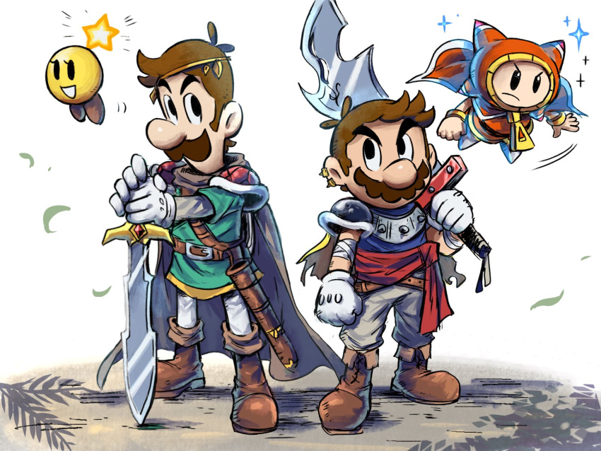 1other 3boys alternate_costume armor brothers brown_hair cape facial_hair floating full_body gloves green_tunic grey_pants highres holding holding_sword holding_weapon layered_sleeves long_sleeves looking_at_another luigi mari_luijiroh mario mario_&amp;_luigi:_dream_team mario_&amp;_luigi_rpg multiple_boys mustache over_shoulder pants pauldrons prince_dreambert short_hair short_over_long_sleeves short_sleeves shoulder_armor siblings simple_background sleeveless standing starlow super_mario_bros. sword weapon weapon_over_shoulder white_background white_gloves yellow_cape