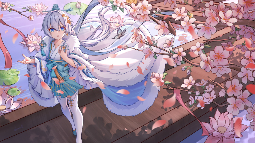 1girl :o absurdres blue_eyes branch bug butterfly cherry_blossoms chinese_clothes chinese_commentary commentary_request flower from_above hair_between_eyes hair_ornament highres hinata_mr_assassin holding honkai_(series) honkai_impact_3rd lily_pad long_hair long_sleeves looking_at_viewer lotus open_mouth outdoors petals pink_flower skirt smile solo theresa_apocalypse theresa_apocalypse_(starlit_astrologos) thigh-highs water white_hair white_thighhighs wide_sleeves zhuge_kongming_(honkai_impact)