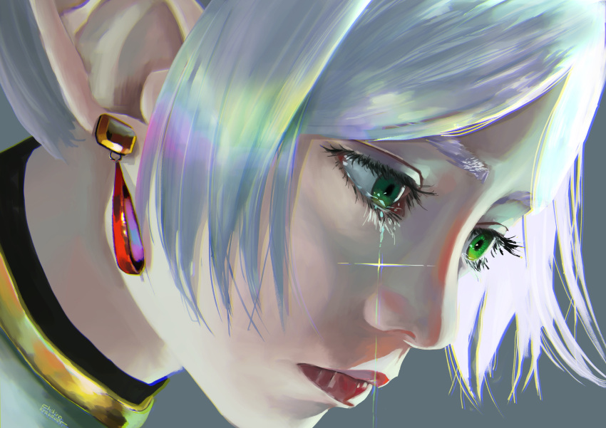 1girl absurdres chihirokrakauer close-up crying crying_with_eyes_open dangle_earrings earrings elf frieren green_eyes highres jewelry lips pointy_ears portrait solo sousou_no_frieren tears white_hair
