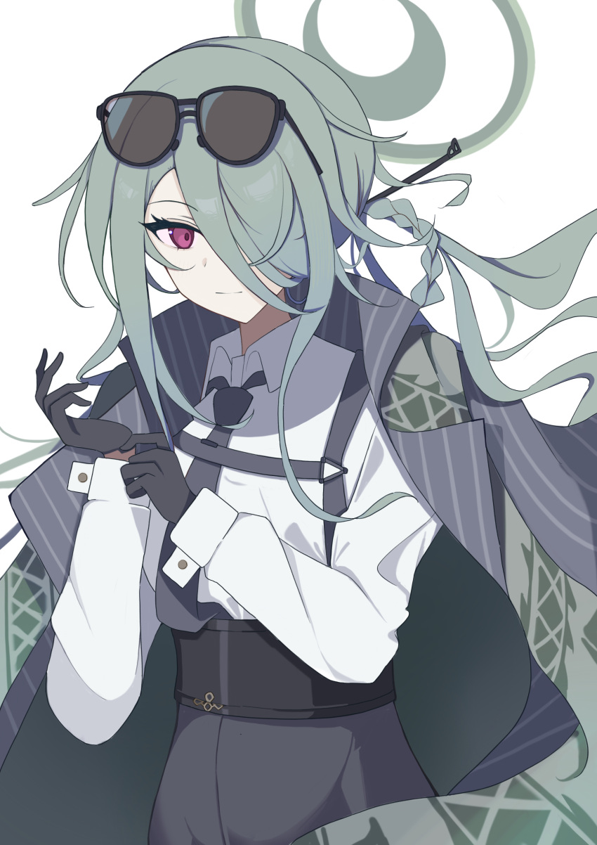 1girl absurdres blue_archive eyewear_on_head free_donut green_hair grey_necktie grey_pants halo highres looking_at_viewer mina_(blue_archive) necktie pants pink_eyes shirt solo sunglasses white_shirt