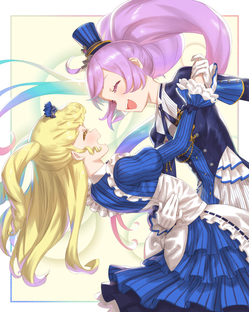 2girls :d aiguillette apron blonde_hair blue_dress blue_jacket blue_necktie blush closed_eyes collared_shirt commentary_request dress dutch_angle face-to-face facing_another frilled_apron frilled_dress frills gloves hand_on_another's_back hat highres holding_hands idol_clothes idol_time_pripara jacket juliet_sleeves long_hair long_sleeves manaka_laala mini_hat mini_top_hat multiple_girls murakami_hisashi necktie open_mouth pretty_(series) pripara puffy_sleeves purple_hair ringlets shirt smile top_hat twintails two_side_up very_long_hair white_apron white_background white_gloves white_shirt yumekawa_yui