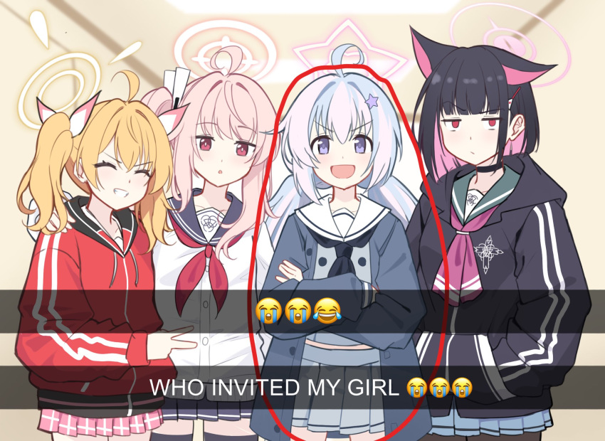 4girls ahoge animal_ears black_choker black_hair black_jacket black_neckerchief black_pantyhose black_sailor_collar black_skirt blonde_hair blue_archive blue_skirt buttons cat_ears choker closed_eyes closed_mouth colored_inner_hair crossed_arms crying_emoji emoji english_text green_sailor_collar grey_skirt grin hair_ornament hairclip halo highres hood hooded_jacket jacket joy_emoji kazusa_(blue_archive) long_hair long_sleeves meme multicolored_hair multiple_girls natsu_(blue_archive) neckerchief open_clothes open_jacket open_mouth pantyhose parted_lips pink_hair pink_halo pink_skirt pleated_skirt purple_hair red_circle red_eyes red_jacket red_neckerchief reia_76 reisa_(blue_archive) sailor_collar short_hair side_ponytail skirt smile star_(symbol) star_hair_ornament straight-on twintails twitter_username v v-shaped_eyebrows violet_eyes white_sailor_collar yellow_halo yoshimi_(blue_archive)