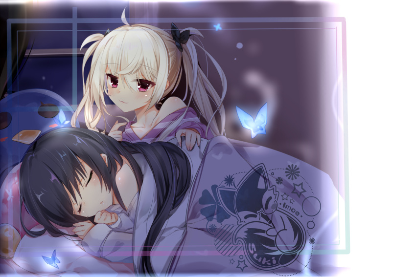 2girls :3 absurdres ahoge akizuki_kanna artist_name black_hair blue_butterfly blush bug butterfly cafe_stella_to_shinigami_no_chou closed_eyes closed_mouth commentary eyelashes eyes_visible_through_hair glowing_butterfly hair_between_eyes hair_spread_out head_on_pillow highres imoe_(1017933989) indoors light_brown_hair long_hair looking_at_another mole mole_under_eye multiple_girls night off_shoulder pajamas parted_lips shiki_natsume sleeping smile stuffed_animal stuffed_penguin stuffed_toy twintails under_covers very_long_hair violet_eyes window