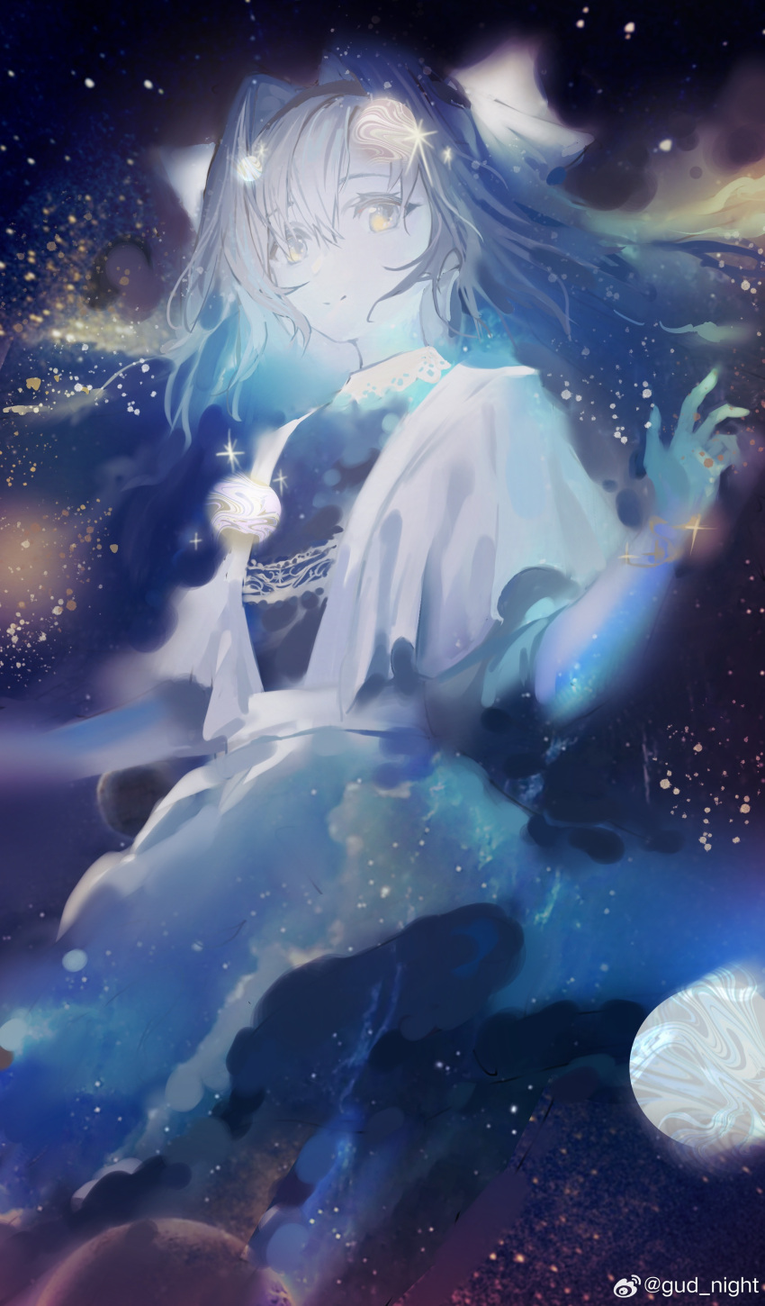 1girl absurdres blue_hair bow closed_mouth galaxy gud_night hair_bow hair_intakes hand_up highres long_hair nebula planet reverse:1999 sidelocks smile solo space star_(sky) very_long_hair voyager_(reverse:1999) white_bow