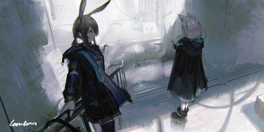 2girls absurdres amiya_(arknights) animal_ears arknights ascot black_footwear black_jacket black_pantyhose blue_ascot blue_eyes blue_jacket brown_hair building cat_ears cat_girl commentary english_commentary facing_away feet_out_of_frame full_body grey_hair highres hood hooded_jacket jacket jewelry lemtun long_hair looking_at_another multiple_girls multiple_rings mute outdoors pantyhose ponytail rabbit_ears rabbit_girl railing ring rosmontis_(arknights) short_hair signature stairs