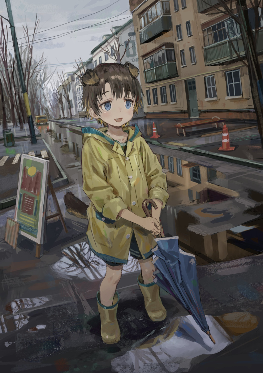 1boy absurdres after_rain animal_ears blue_eyes blue_shorts boots brown_hair child cityscape coat dog_ears dog_tail fang grey_sky highres holding holding_umbrella hood hooded_coat open_mouth original outdoors puddle raincoat reflection rubber_boots short_hair shorts sky sleeves_rolled_up smile solo standing tail take_no_(xtc65_0) umbrella vanishing_point yellow_coat yellow_footwear