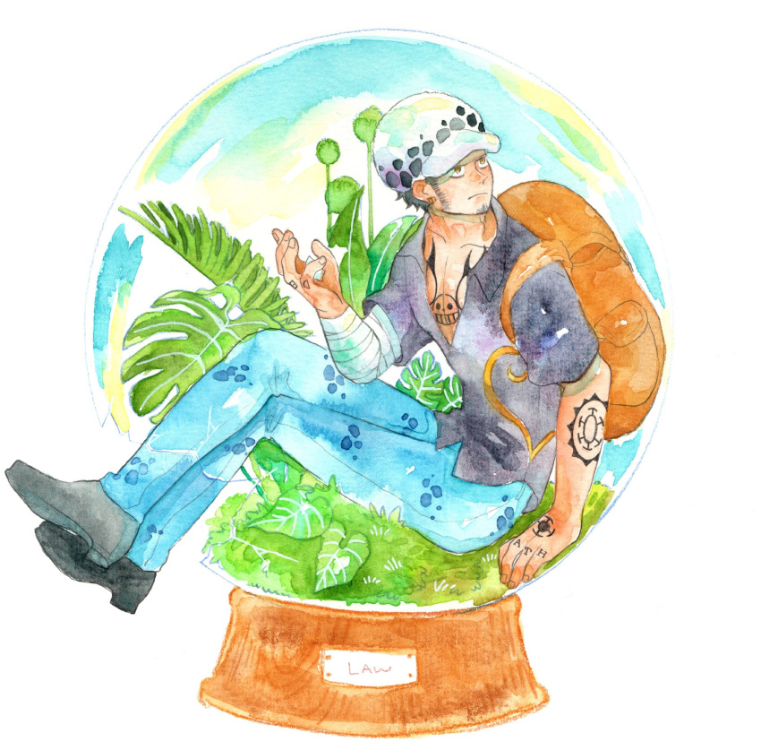 1boy arm_tattoo arm_up backpack bag bandaged_arm bandages black_hair black_shirt character_name chest_tattoo crossed_legs denim facial_hair finger_tattoo full_body goatee highres jeans leaf looking_to_the_side male_focus on_grass one_piece orb painting_(medium) pants plant shirt short_hair short_sleeves sideburns sitting solo sorahachi111 tattoo traditional_media trafalgar_law watercolor_(medium) white_background white_headwear