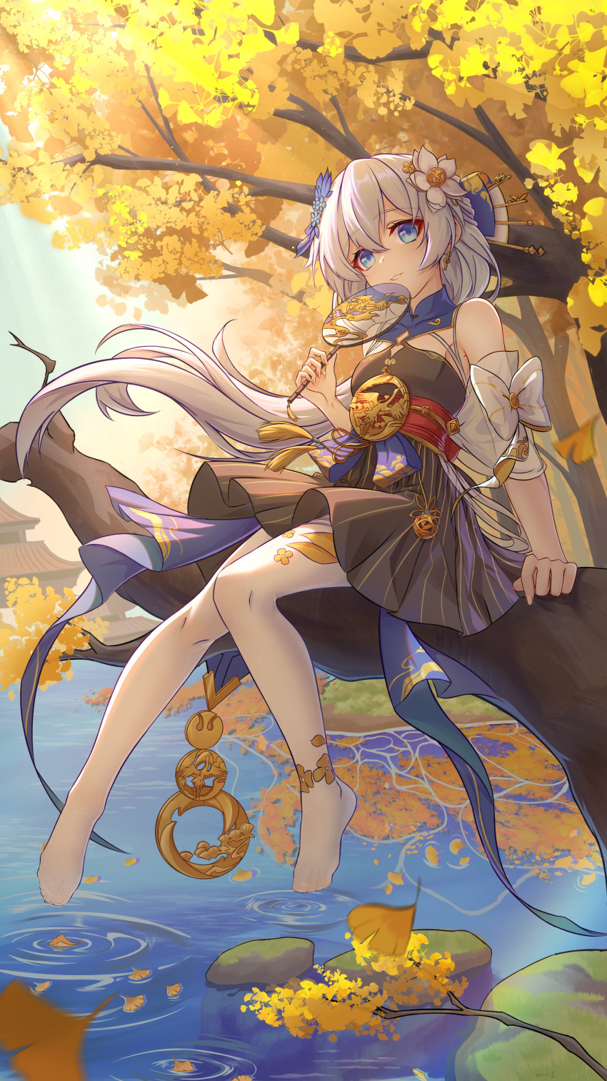 1girl absurdres bare_shoulders barefoot black_dress blue_eyes branch china_dress chinese_clothes chinese_commentary closed_mouth commentary_request dress feet flower full_body hair_between_eyes hair_flower hair_ornament hand_fan highres hinata_mr_assassin holding holding_fan honkai_(series) honkai_impact_3rd in_tree jewelry leaf long_hair looking_at_viewer no_shoes outdoors reflection sitting sitting_in_tree sleeveless smile soaking_feet solo theresa_apocalypse theresa_apocalypse_(starlit_astrologos) thigh-highs toes tree water white_flower white_hair white_thighhighs zhuge_kongming_(honkai_impact)