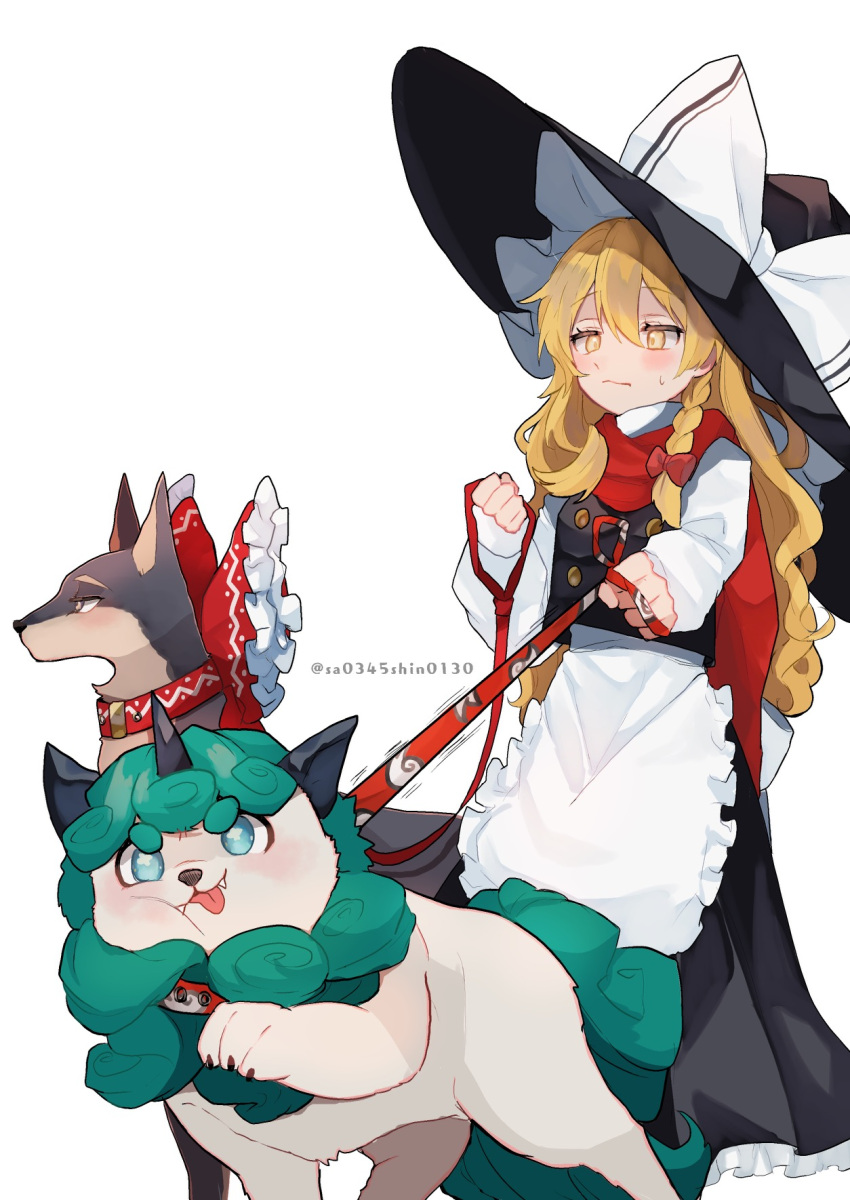 1girl animalization apron black_headwear black_skirt black_vest blonde_hair bow braid closed_mouth commentary_request dog feet_out_of_frame frilled_apron frilled_bow frilled_skirt frills green_eyes hair_bow hakurei_reimu hat hat_bow highres horns kirisame_marisa komano_aunn leash long_hair long_sleeves pet_walking red_bow red_scarf scarf shirt simple_background single_braid single_horn skirt sweatdrop tongue tongue_out touhou twitter_username uchisaki_himari vest white_apron white_background white_bow white_shirt witch_hat yellow_eyes