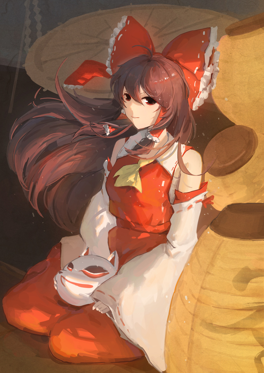 1girl absurdres ascot bow brown_hair collared_shirt commentary_request detached_sleeves fox_mask frilled_hair_tubes frills hair_bow hair_tubes hakurei_reimu highres kenkxx long_hair mask red_bow red_skirt red_vest shirt sitting skirt skirt_set sleeveless sleeveless_shirt touhou vest yellow_ascot