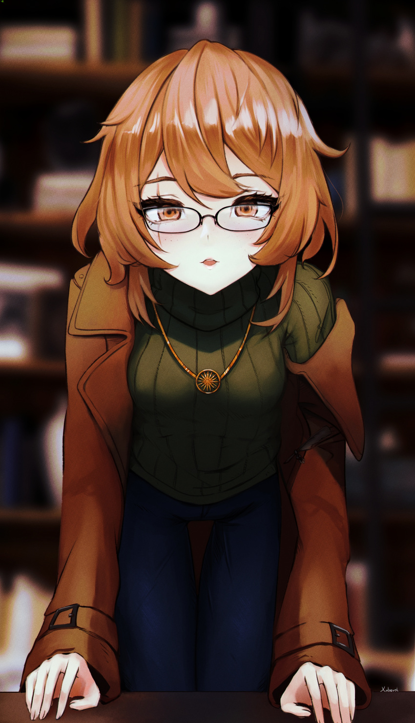 1girl absurdres artist_name blue_pants blurry blurry_background breasts brown_coat brown_eyes brown_hair clio_aite coat freckles glasses green_sweater hands_on_table highres indie_virtual_youtuber jewelry leaning_forward medium_hair necklace pants parted_lips ribbed_sweater scar scar_across_eye solo sun_symbol sweater table teeth thigh_gap upper_teeth_only virtual_youtuber xobevol