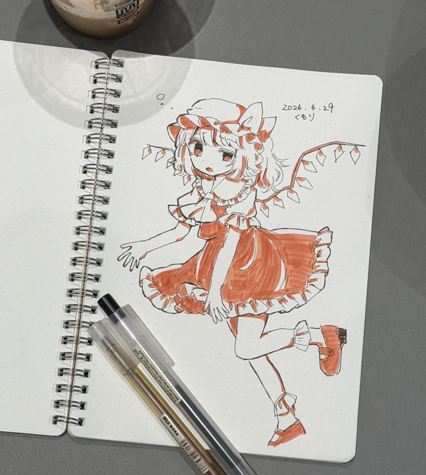 1girl absurdres art_tools_in_frame ascot bow collared_shirt commentary_request crystal crystal_wings dated flandre_scarlet frilled_shirt_collar frilled_skirt frills full_body hat hat_bow highres leg_up mary_janes mob_cap monochrome one_side_up photo_(medium) puffy_short_sleeves puffy_sleeves red_theme salt_(saltty) shirt shoes short_sleeves skirt socks solo touhou traditional_media translation_request vest wings