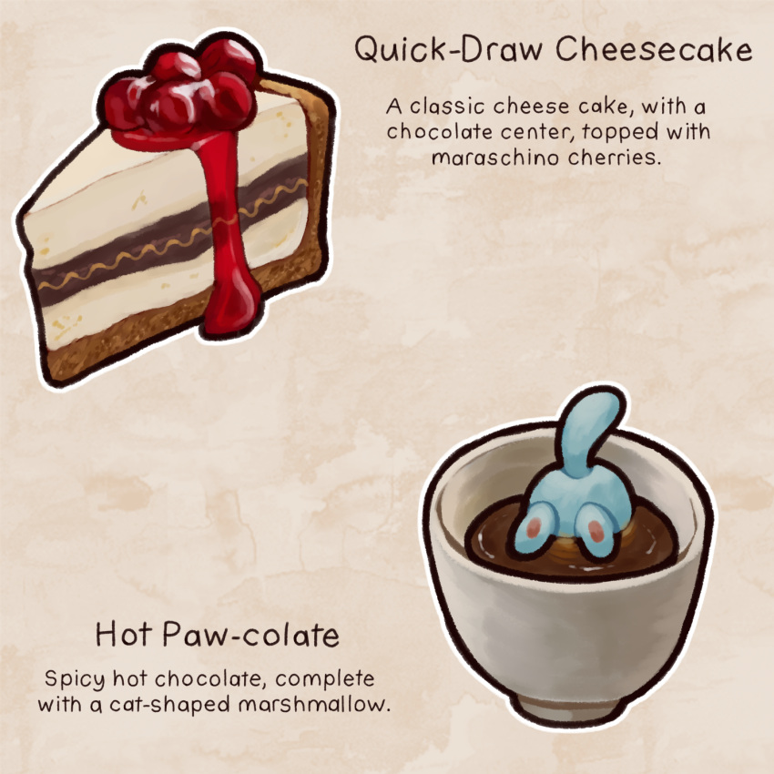 cheesecake commentary cup english_commentary english_text food food_focus highres hot_chocolate no_humans original outline websmunks white_outline