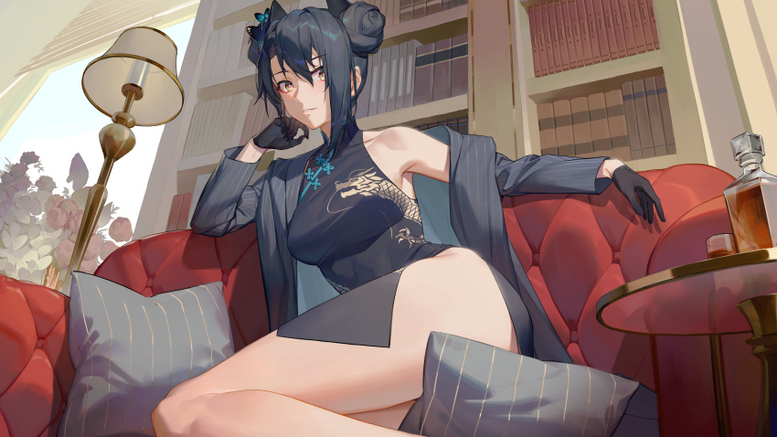 1girl absurdres agent_(girls'_frontline) black_gloves black_hair blue_archive book bookshelf bottle breasts butterfly_hair_ornament china_dress chinese_clothes commission cosplay couch double_bun dragon_print dress girls_frontline gloves hair_bun hair_ornament highres indoors jacket kisaki_(blue_archive) kisaki_(blue_archive)_(cosplay) lamp looking_at_viewer medium_breasts on_couch pelvic_curtain pillow pinstripe_jacket pinstripe_pattern pixiv_commission print_dress ren_huozhe sangvis_ferri solo striped striped_jacket table vertical-striped_jacket vertical_stripes yellow_eyes