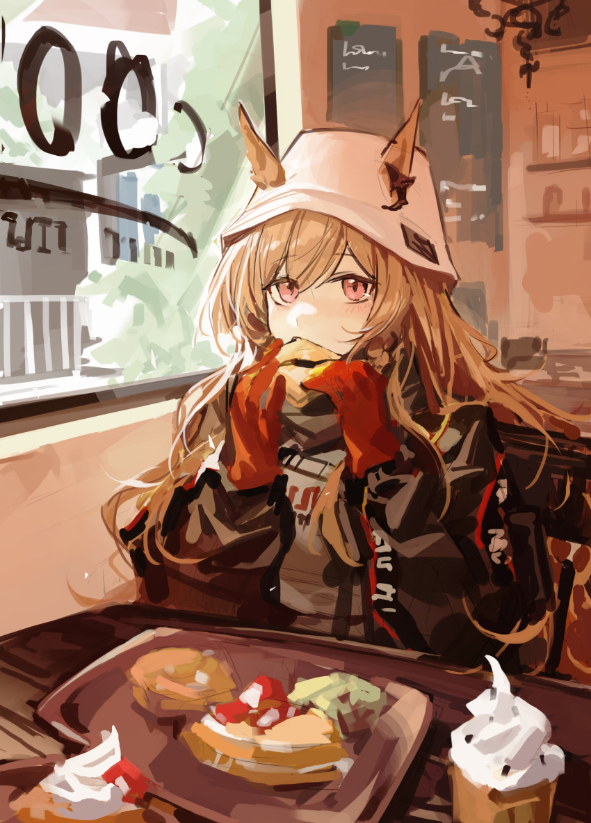 1girl absurdres animal_ears arknights black_jacket bucket_hat building ceobe_(arknights) ceobe_(unfettered)_(arknights) chinese_commentary commentary_request dog_ears ears_through_headwear eating food fruit gloves hat highres holding holding_food ice_cream indoors jacket long_hair looking_at_viewer menu_board official_alternate_costume orange_hair pastry qingfeng_canying red_eyes red_gloves sketch solo strawberry table tray tree upper_body waffle whipped_cream white_headwear window