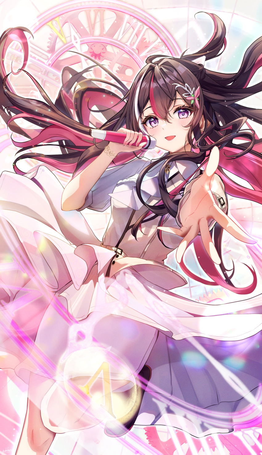 1girl azki_(4th_costume)_(hololive) azki_(hololive) black_hair bracelet colored_inner_hair dress hair_between_eyes hair_ornament highres hololive jewelry looking_at_viewer microphone multicolored_hair open_mouth outstretched_arm outstretched_hand pink_hair skirt smile solo standing standing_on_one_leg streaked_hair violet_eyes virtual_youtuber white_hair yuki_haru